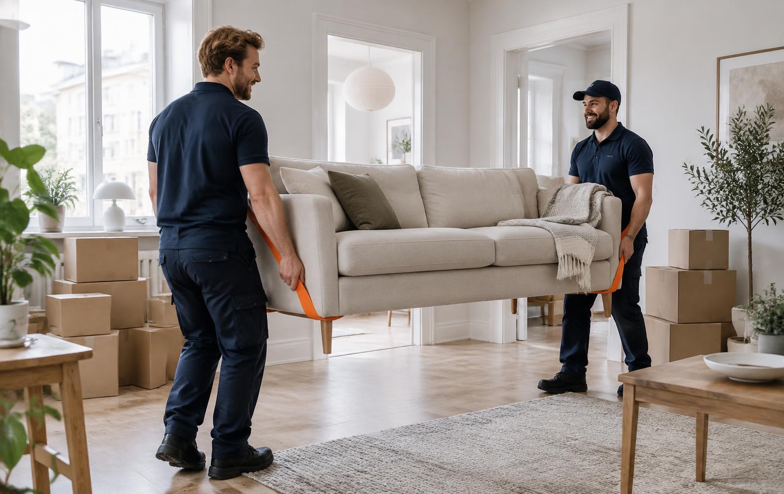 Flyttbil och flyttkartonger utanför ett bostadshus