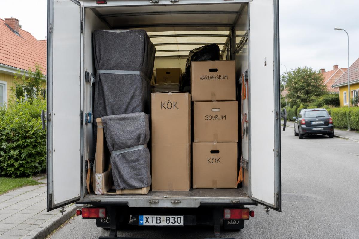 Flyttbil lastad med flyttkartonger märkta kök och sovrum samt möbler i filtar