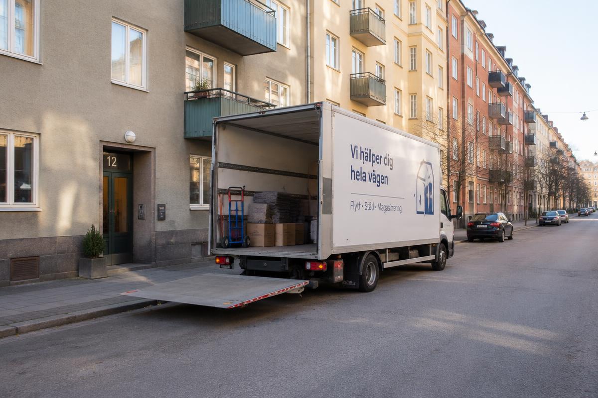 Flyttbil parkerad med lastbrygga utanför porten till ett flerbostadshus