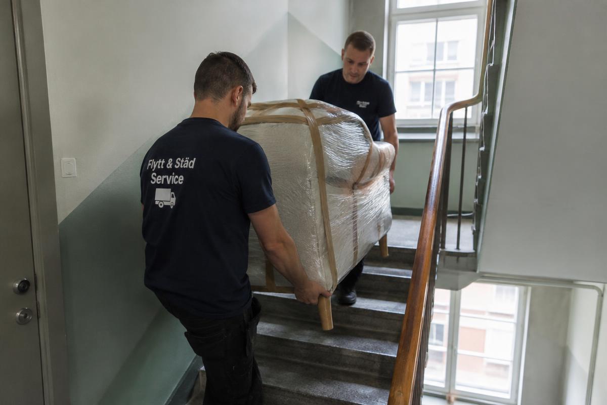 Två flyttare bär en inplastad fåtölj nerför trappan i ett flerbostadshus