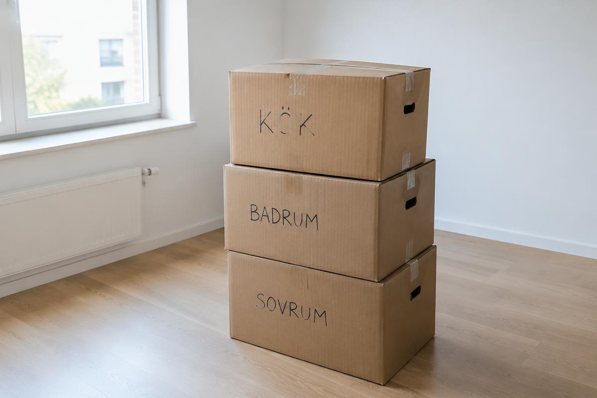 Flyttkartonger märkta kök, badrum och sovrum i ett tomt rum